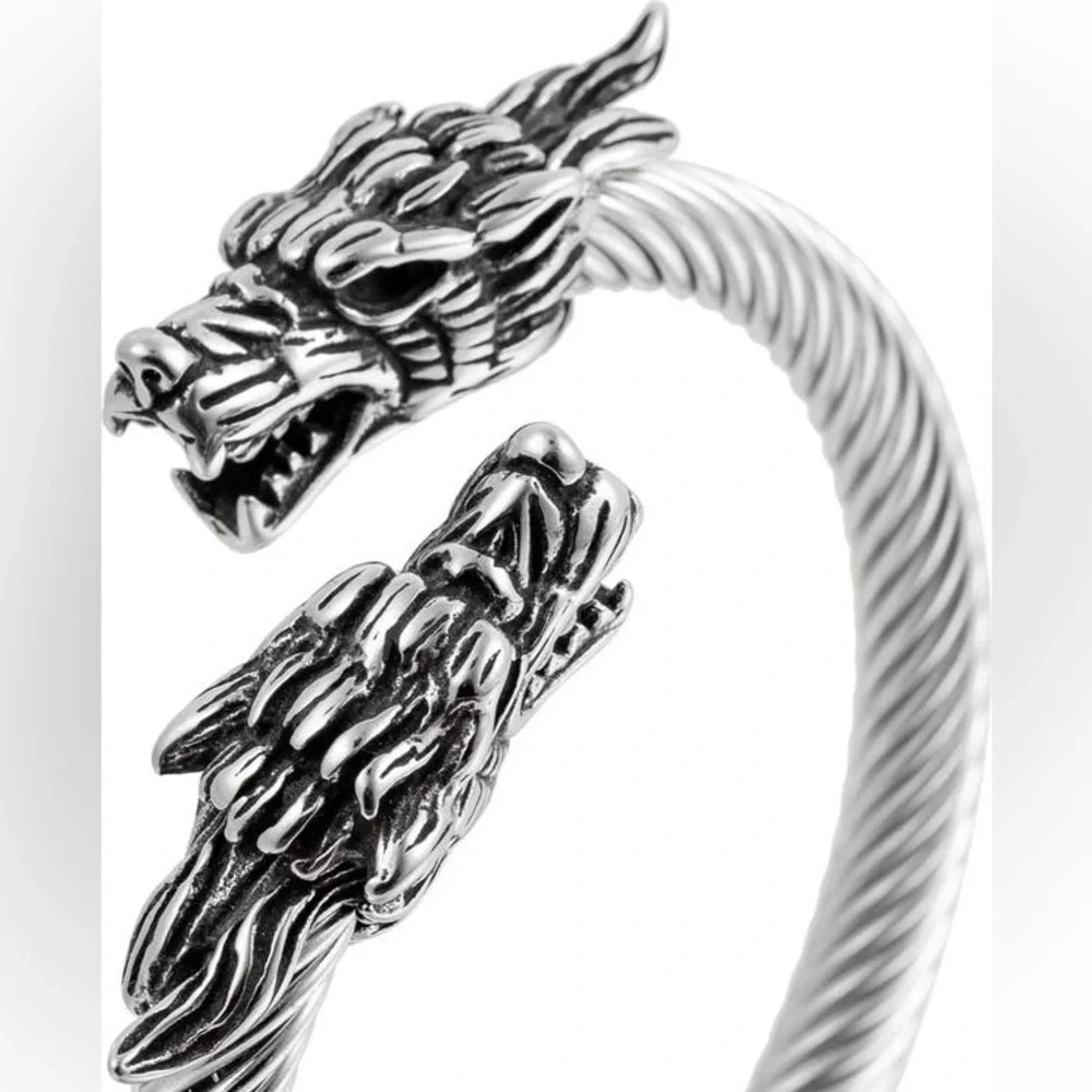 Eye Candy Los Angeles Double Dragon Titanium Silver Wire Bracelet, NIB
